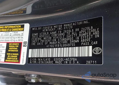 2020 Toyota Avalon Limited из США, поврежденный, VIN 4T1DZ1FB1LU049755